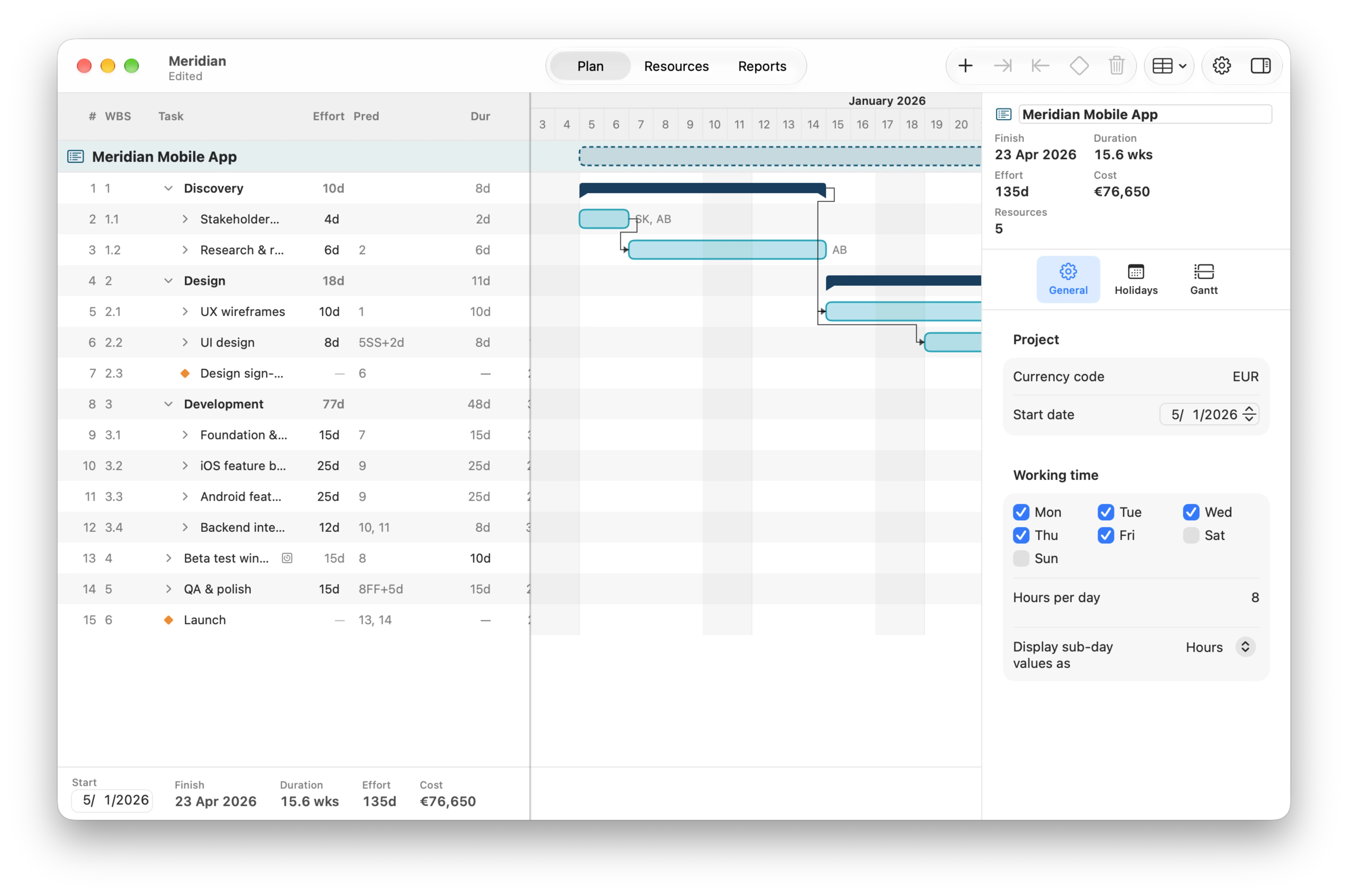 Tapadoo Planner showing a Gantt chart for the Meridian Mobile App project: tasks, dependencies, resource initials and a €76,650 cost total.