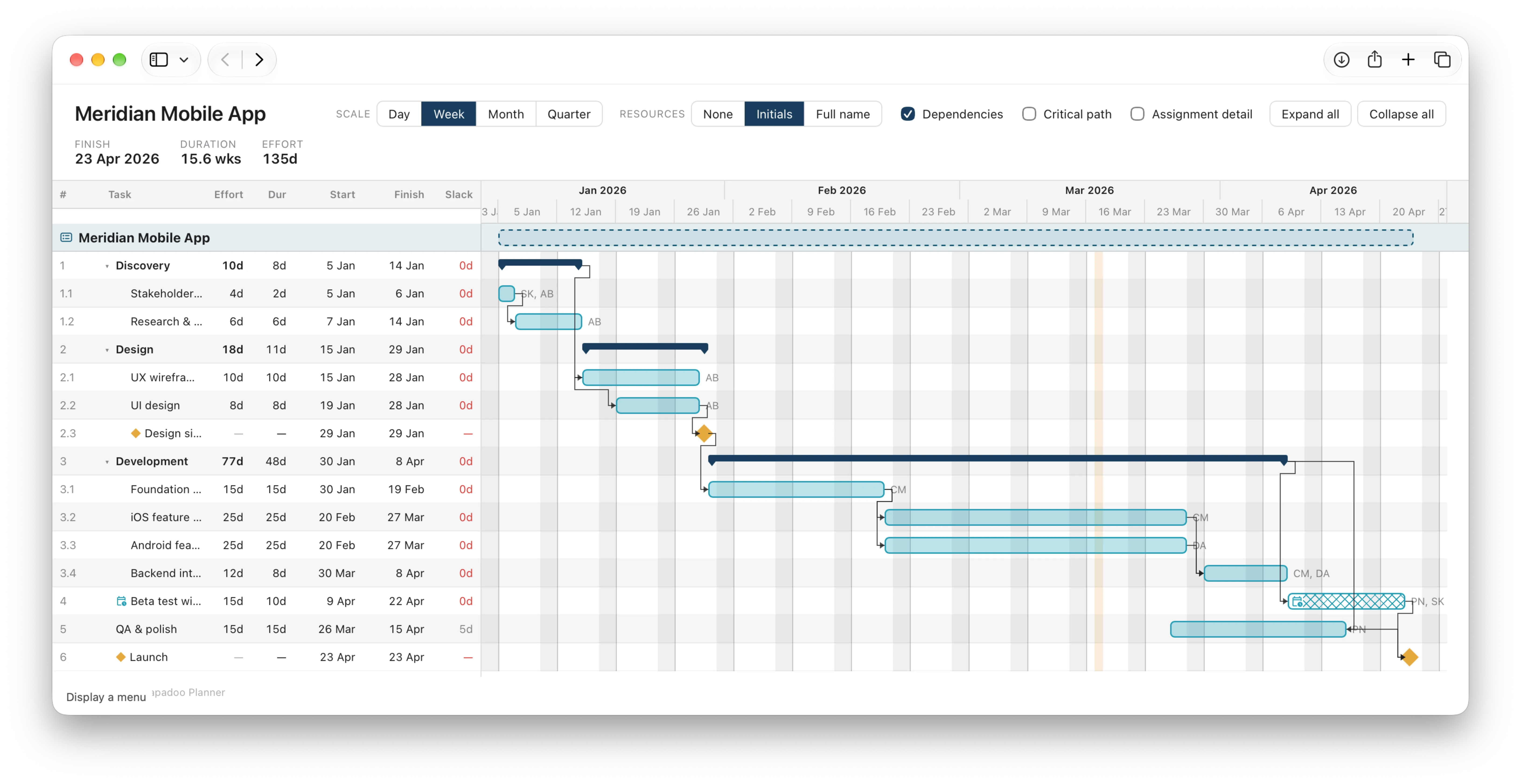 An exported Tapadoo Planner plan open in a browser as a self-contained web page, showing the full Gantt chart, dates, durations and resource initials.